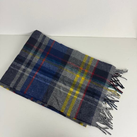 J. Crew x Abraham Moon Merino Wool Plaid Scarf Gray Blue Yellow Fringe 68 x 11.5 - Picture 7 of 7